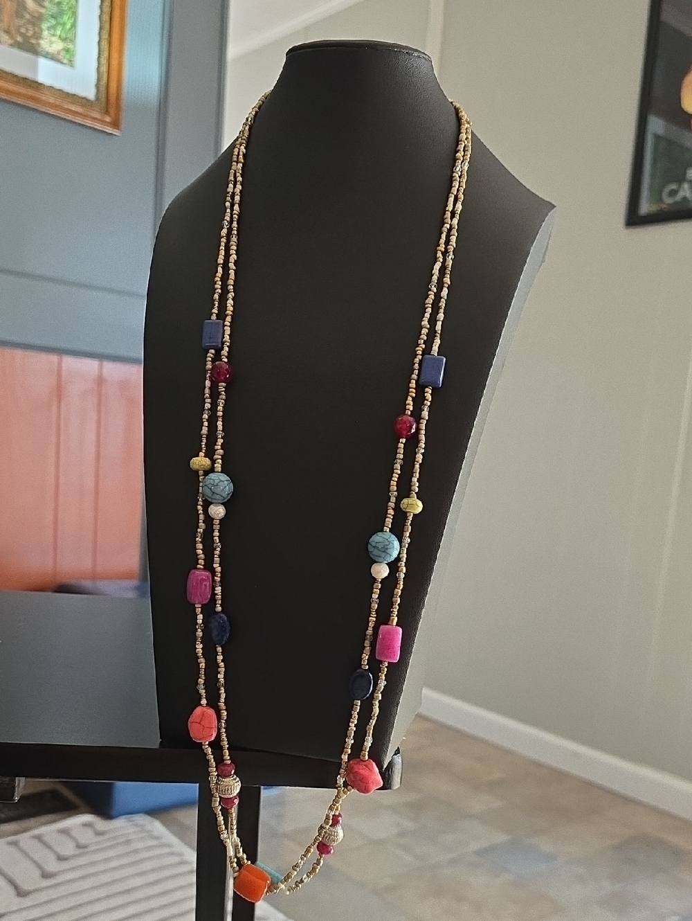 Chico's Long Multi-Color Beaded Necklace with Gold Accents